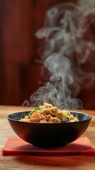 Poster - A black bowl of steaming fried rice with chicken and prawns