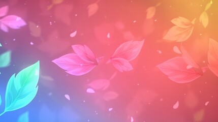 Poster -   Pink and green leaves float on blue and pink backgrounds, while red and green leaves overlap