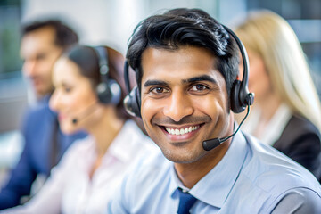 Wall Mural - Call center agent, telemarketing operator, smiling at the camera.