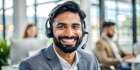 Wall Mural - Call center agent, telemarketing operator, smiling at the camera.