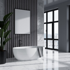 Wall Mural - Frame mockup in modern bathroom interior in dark colors, grey walls, green plants