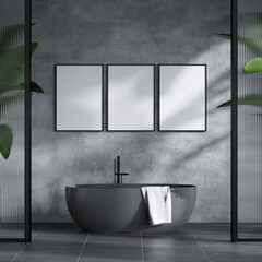 Wall Mural - Frame mockup in modern bathroom interior, dark interior with plants