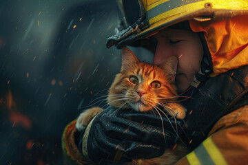 Firefighter in uniform holding saved cute cat