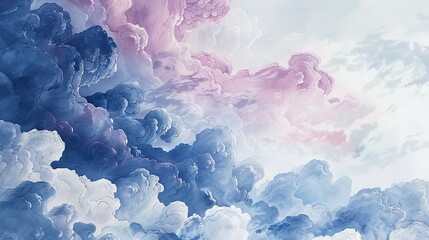 Wall Mural - painting captures vibrant blues, pinks, and whites in cloud formations framing a mid-sky scene