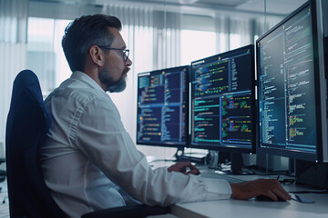 Young man programmer working in office at workplace station