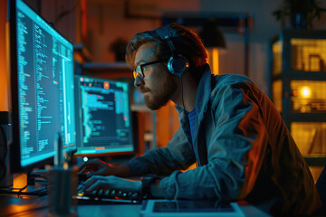 Young man programmer working in office at workplace station