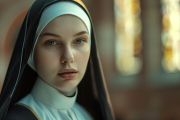 Wall Mural - Young praying nun in church on blurred background