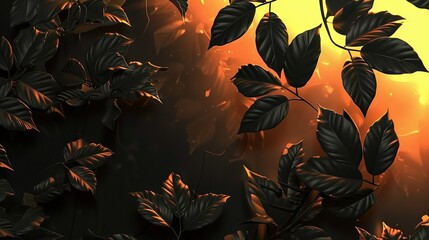 Wall Mural -  A close-up of a leafy plant against a backdrop of vibrant yellow sky, with the sun illuminating through the foliage