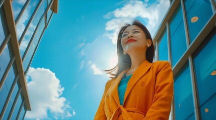 Wall Mural - A woman in an orange jacket looking up at the sky.