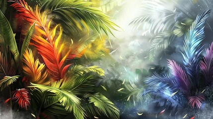 Wall Mural -   A painting of a tropical setting features palm trees swaying in the breeze, and vibrant birds soaring through the sky above them, while the ground below is lush with greenery