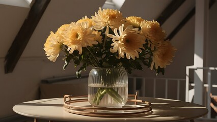 yellow chrysanthemum flowers in a glass transparent vase on the loft table