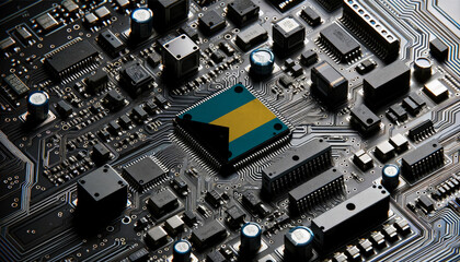 Close-up of a complex circuit board with a prominent microchip adorned with the Bahamas flag, highlighting Bahamas leadership in the global tech industry