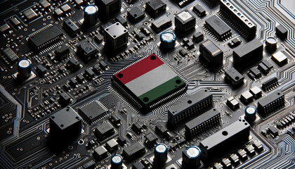 Close-up of a complex circuit board with a prominent microchip adorned with the Hungary flag, highlighting Hungary leadership in the global tech industry