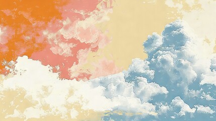Wall Mural - a painting depicting a cloudy sky and a red-yellow-blue background with a plane flying within it