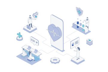 Poster - Medicine isometric concept in outline isometry design for web. People getting cardiology consults online in mobile app, cardiologist diagnosis heart, treating pharmacy pills. Vector illustration.