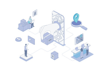 Poster - Online delivery isometric concept in outline isometry design for web. People receiving parcels from courier, tracking online in smartphone, pay for service of logistics company. Vector illustration.