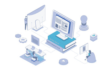 Fototapete - Online studying isometric concept in outline isometry design for web. People reading digital books at computer, learning with ebooks and textbooks, doing homework distantly. Vector illustration.