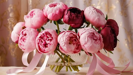 A bouquet of delicate pink and burgundy peonies