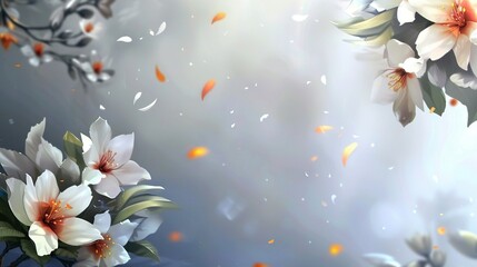 Wall Mural -   A painting of white and orange flowers set against a blue-gray background, with leaves cascading from the top of the blossoms