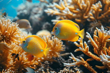 Wall Mural - Two tropical yellow fish swim in coral reef, surrounded by vibrant algae and coral. Concept of marine life