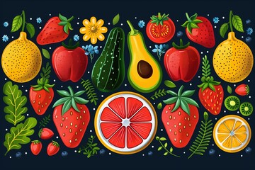 Wall Mural - Fresh organic vegetables and fruits on black background. Includes avocado, lemon, strawberry, apple, kiwi, leafy greens, onion. For promotion farm markets, vegetarian diet. Organic food concept