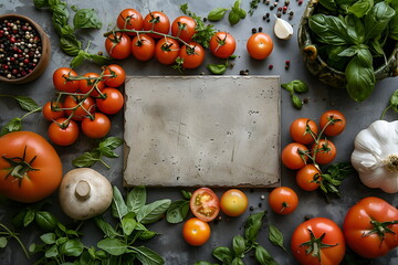 Wall Mural - Assortment of farm organic vegetables around natural slate sheet with empty space for text design, layout, template. Vegetables on dark table surface. Background with copy space, flat lay, top view