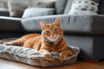 Wall Mural - Cute red haired cat lying on soft cat bed at home