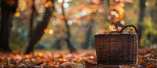 Leinwandbilder - Autumn forest setting with a blurred background, featuring a lovely wooden woven basket in the foreground, ideal for copy space image.