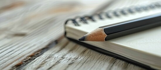 Aufkleber - A black pencil is nestled between a white notebook on a wooden background in a close-up and macro shot with selective focus, illustrating a stationery concept with copy space image.