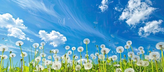 Wall Mural - Dainty white dandelion flowers scatter across a vibrant meadow, set against a backdrop of blue skies, with ample copy space image.