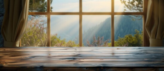 Poster - Wooden table with no items on it and a blurry background window with room for text or images, suitable for exhibiting products in a visual display.