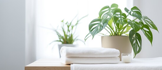 Aufkleber - A white table displaying towels, a houseplant, and featuring copy space image for product showcase.
