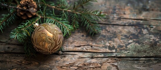 Aufkleber - An elegant holiday ornament paired with a green spruce twig on a rustic wooden backdrop, ideal for a copy space image.
