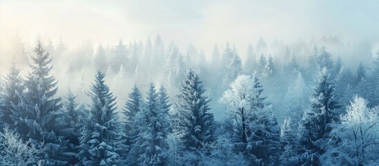 Aufkleber - Scenic winter landscape with evergreen trees covered in frost, displaying an elegant tranquility. An enchanting backdrop with a copy space image.