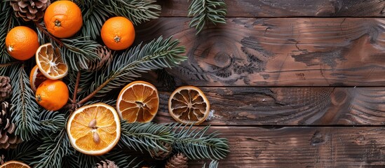 Poster - Festive Christmas-themed flat lay on a wooden table, featuring tree branches, dried oranges, cones, and space for text or an image.