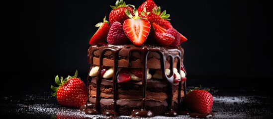 Poster - Layered cake featuring three types of chocolate souffle, adorned with strawberries, on a black background. Confectionery backdrop with space for text or images