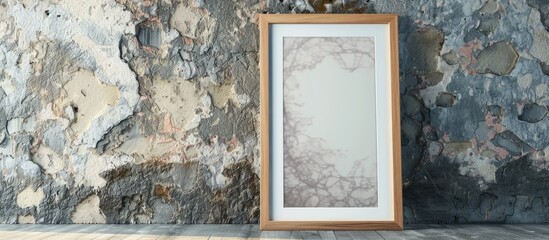 Poster - White picture frame placed against stone background in interior mockup with a wooden frame leaning for perspective, ideal for copy space image.