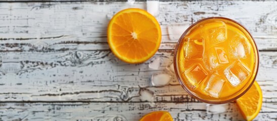 Aufkleber - Top view of a refreshing orange summer drink with ice on a white wooden surface with a blank area for text or images.