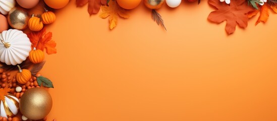 Poster - Flat lay composition with various party decorations framing a copy space image on an orange background.