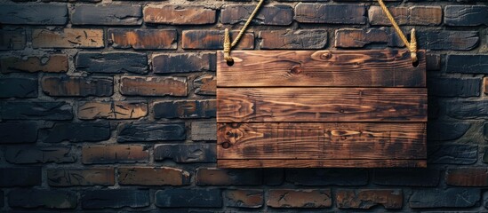 Poster - Wood signage hanging on brick wall with copy space image.