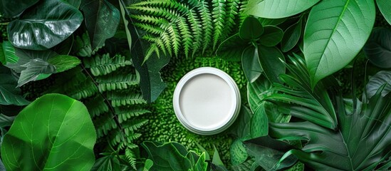 Fototapete - Stylish podium mockup for organic cosmetics ad on fresh green leaves background, with a minimalist flatlay design and a template for a copy space image.