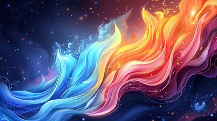 Wall Mural -   A stunning rainbow-colored wave painting with celestial stars in the backdrop and a vibrant blue sky upfront