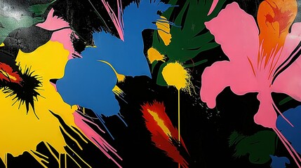 Wall Mural -   A vibrant painting of flowers against a dark backdrop, featuring hues of yellow, pink, blue, and green leaves