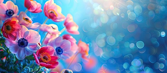 Wall Mural - An isolated banner featuring vibrant anemone flowers against a blue bokeh background with copy space image.
