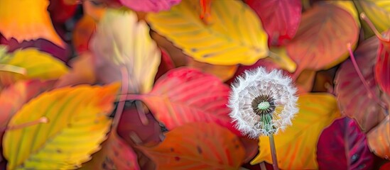 Poster - A dandelion in the fall season, set against a backdrop of colorful leaves, providing ample copy space image in nature.
