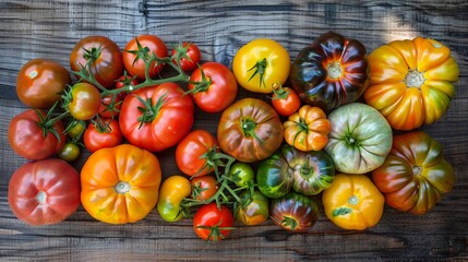 Wall Mural - A colorful assortment of heirloom tomatoes, showcasing various shapes, sizes, and colors, arranged on a wooden table