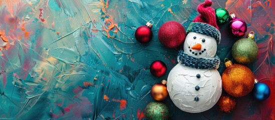 Poster - Snowman adorned with colorful Christmas balls on a vibrant decorative backdrop, providing space for additional images.