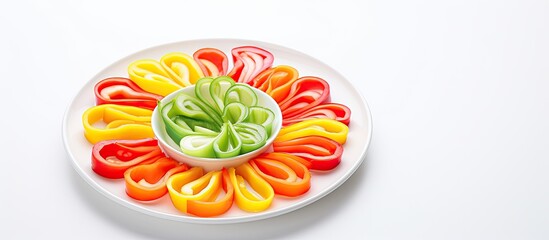 Poster - Colorful bell pepper slices and spring onion in a ceramic dish on a white background with copy space image.