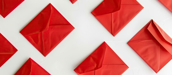 Aufkleber - Overhead shot of red envelopes on white backdrop with space for text or images. Ideal for messages or branding.