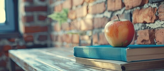 Poster - Education concept depicted by textbooks and an apple on a desk against a school brick wall background, including copy space image.